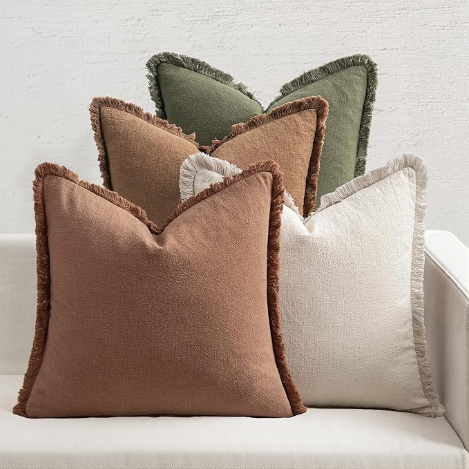 MIULEE Fall Linen Fringe Pillow Covers Set of 4 24x24 Beige/Brown/Green | Boho Farmhouse Decorative Throw Pillow Covers, Neutral Soft Rustic Cushion Cases, for Couch Sofa Bed Living Room Home Decor