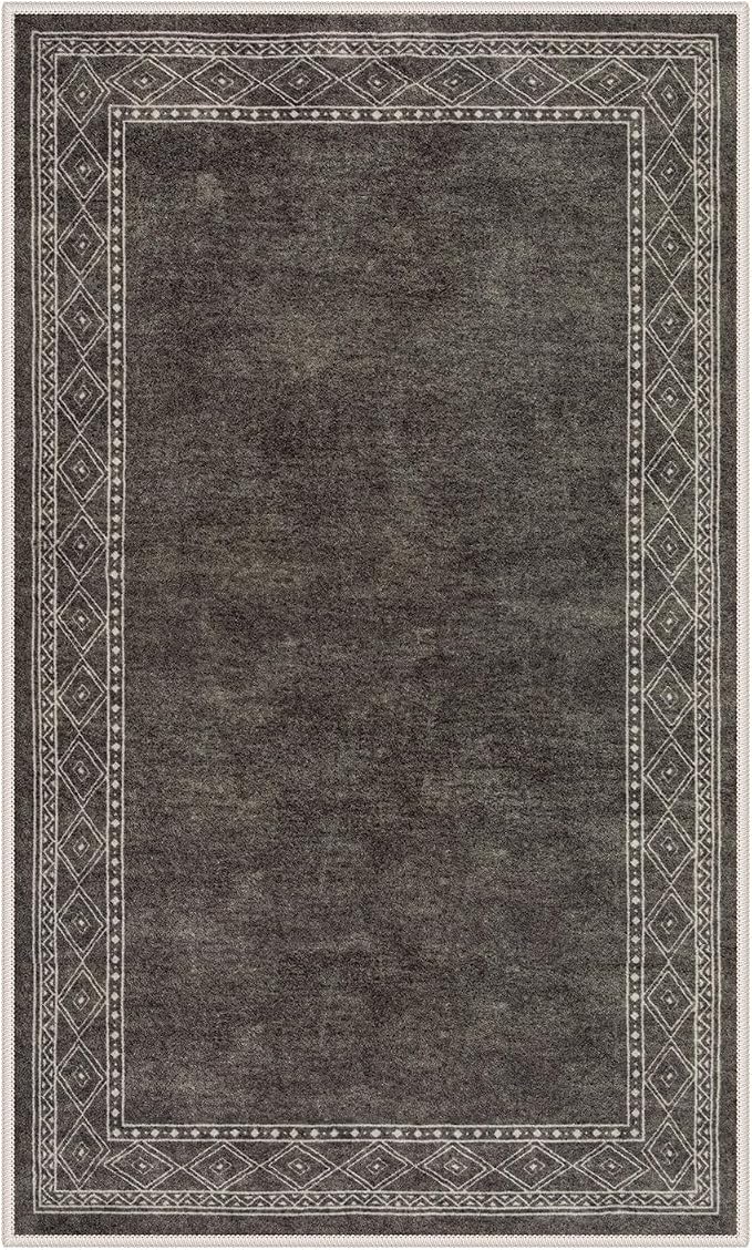Lahome Modern Bordered Machine Washable Rug, Ultra-Thin Soft 3x5 Rugs for Entryway Bedroom, Non-Slip Stain Resistant Small Carpet for Laundry Entry（3'x 5',Brown