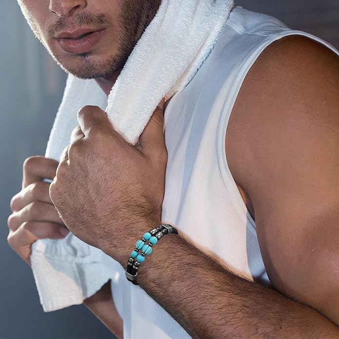 Mens Turquoise/Lapis Lazuli/Tiger Eye/Black Agate/Obsidian Leather Braided Bracelets for Father's Day/Birthdays/Graduation Jewelry Wristband Cuff Bracelet with Stainless Steel Clasp