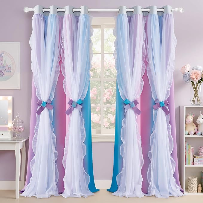PONY DANCE Ruffle Curtains Double Layers Sheer Overlay Shabby Chic Decoration for French Country Rustic Design Window Covering with Tiebacks, 52" Wide x 84" Long, Blue-Pink, 2 Panels