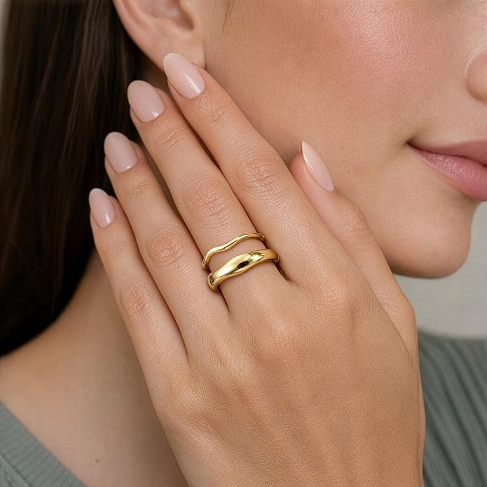 Gold Rings for Women Men Non Tarnish, Waterproof Chunky 14K Gold Plated Dainty Stackable Rings Trendy Statement Pinky Thumb Rings Engagement Eternity Wedding Band Ring Stacking Gold Jewelry Size 3 4 5 6 7 8 9 10 11