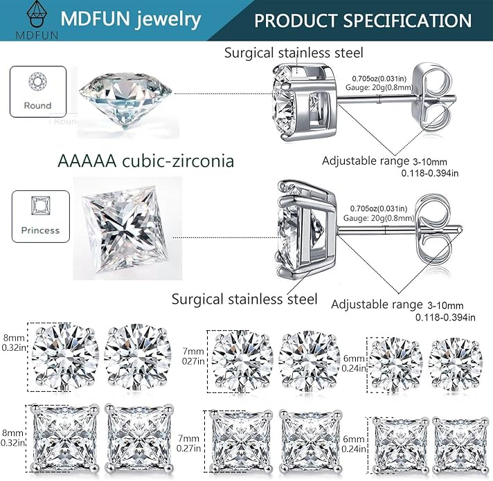 MDFUN 6 Pairs Stud Earrings Set 3mm/5mm/7mm Princess & Round Cubic Zirconia Earrings Hypoallergenic 316L Surgical Stainless Steel CZ Earrings for Women Men
