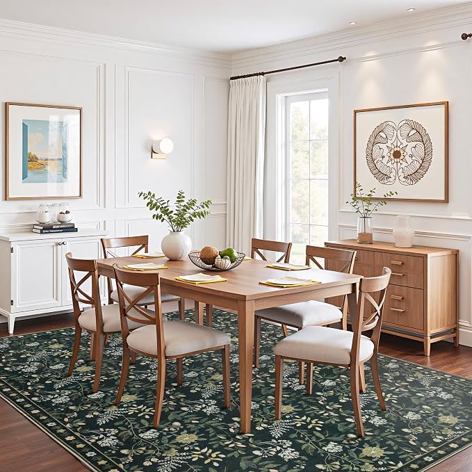 8x10 Vintage Washable Area Rug, Green | Living Room,Low Pile Non Slip Carpet Non-Shedding Large Soft Indoor Stain Resistant Floral Print Mat for Bedroom Dining Room