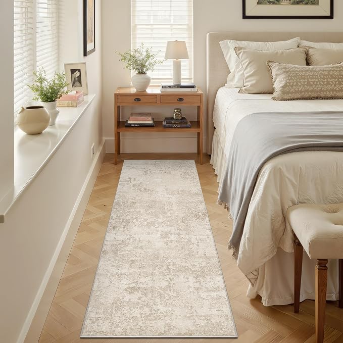 Art&Tuft Runner Rug Non-Slip - 2‘6" x8' Washable Hallway Runner Rug, Low-Pile Rugs Runners, Soft Distressed Carpet Runners for Hallway Bedroom Bathroom Kitchen Laundry Living Room, Beige
