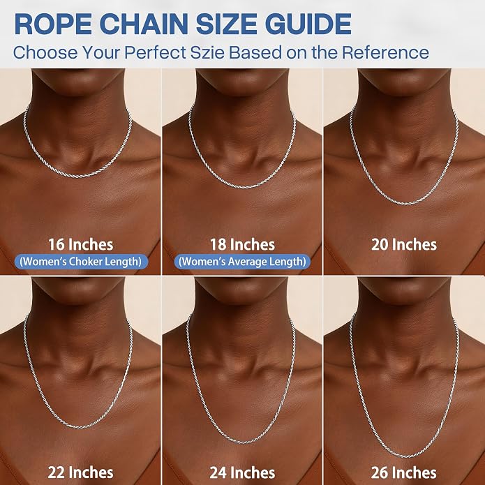 2mm Rope Chain 925 Sterling Silver Chain Necklace for Women, 14K Gold Plated Chains for Women Durable & Smooth Women's Chains Necklace, 16 18 20 22 24 26 Inch