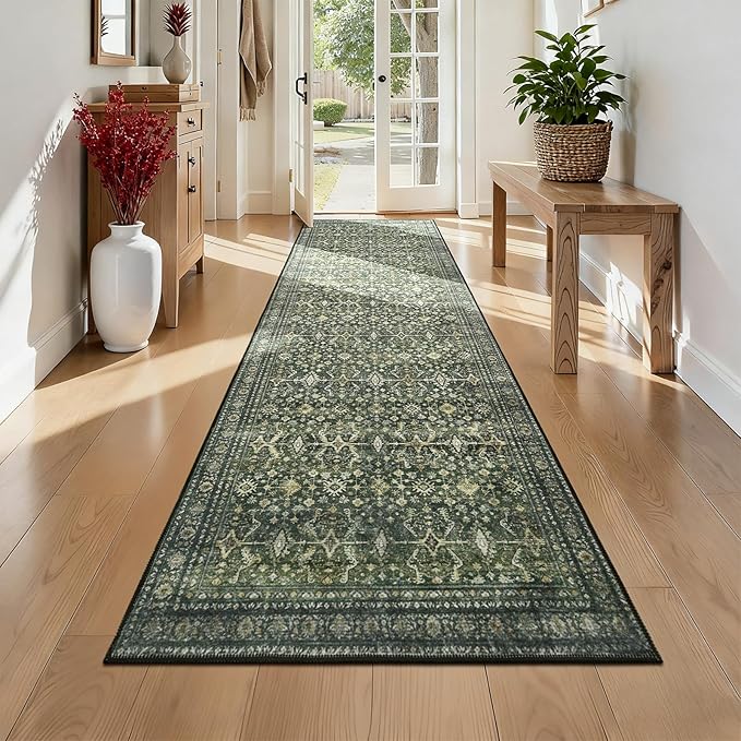 Lofus 3' X 8' Area Rug for Hallways,Green Washable Runner Rugs with Non Slip Rubber Backing, Low Pile Soft Carpet Runner for Kitchen Bathroom Bedroom Laundry