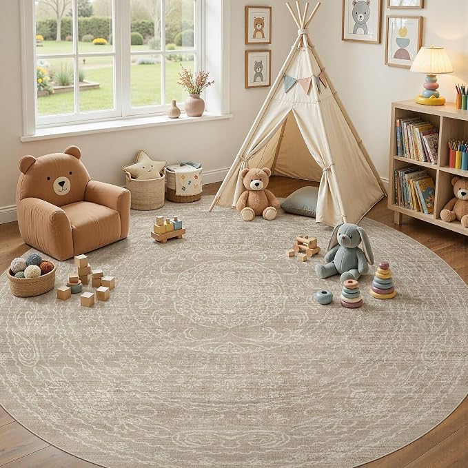 8ft Round Rug Living Room: Washable Large Vintage Rug Neutral Non-Slip Soft Stain Resistant Indoor Carpet for Bedroom Nursery Dining Room Under Table Bed Home House Office Playroom - Brown