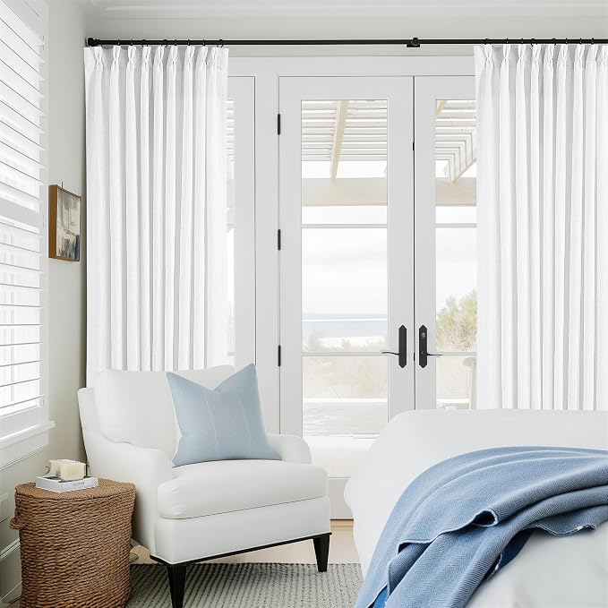 TWODRAPES 60 Inch Width Curtains 92 Inches Long Linen Pinch Pleated Curtains for Living Room Bedroom Semi Sheer Back Tab Hooks Rings Extra Wide Pinch Pleat Drapes for Patio Glass Door White 1 Panel