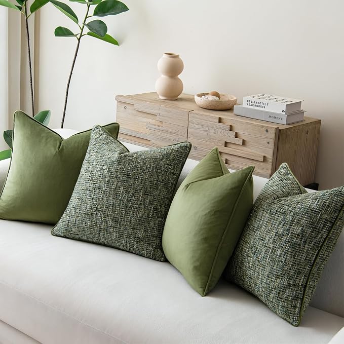 a moment Dark Green 4 Pack Throw Pillow Covers - Chenille & Velvet Set with Piping, Farmhouse Textured Design Cushion Cases for Couch Sofa Bed (18x18 Inch, No Insert)