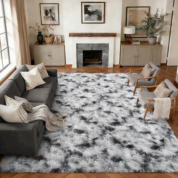 9x12 Extra Large Area Rugs for Living Room, Shaggy Non-Slip Tie-Dyed Rugs for Bedroom Kids Playroom Dorm Room, High Pile Ultra Soft Carpet, Black White