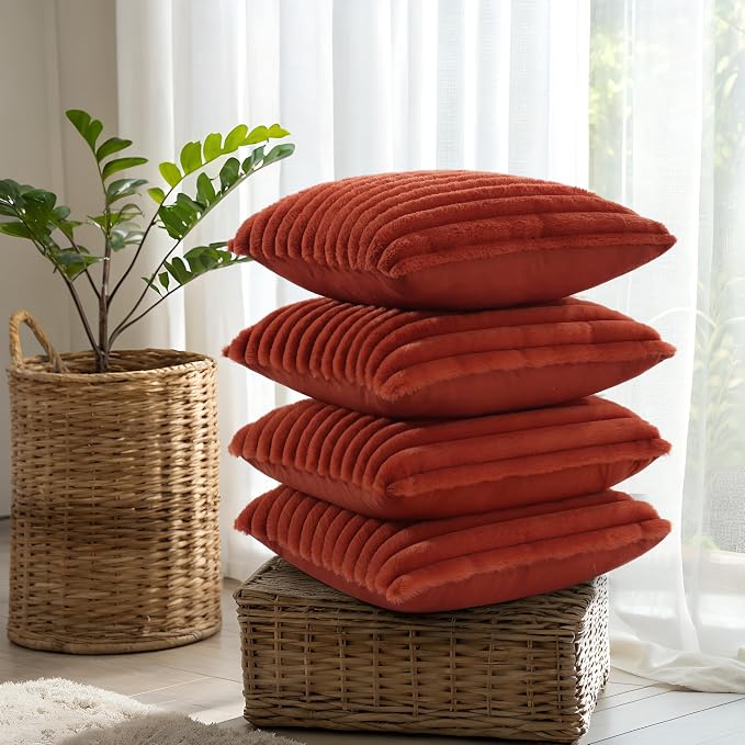decorUhome Fall Faux Fur Throw Pillow Covers 18x18 Set of 4 Rust | Decorative Modern Farmhouse Soft Cozy Striped Pillow Cases Velvet Back for Sofa Bed Living Room Classic Accent Home Decor