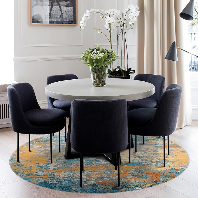 ROYHOME Modern Abstract 8x8 Round Area Rug Non Slip Non Shedding Rug Low Pile Stain Resistant for Bedroom Living Room Office Dining Room,Multi Color