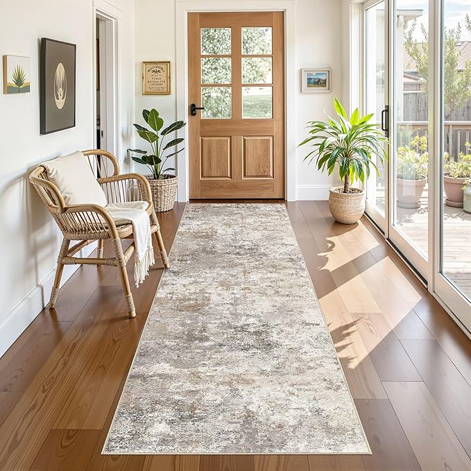 UERMEI 3x8 Washable Runner Rug for Hallway, Non Slip Low Pile Kitchen Carpet, Neutral Modern Abstract Indoor Floor Mat for Entryway Laundry, Kid & Pet Safe High Traffic Area, Brown Grey