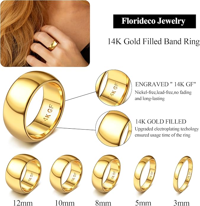 Florideco 14K Gold Filled Ring for Women Men Thick Thin Pinky Thumb Ring Wedding Band Ring Non Tarnish Plain Domed Comfort Fit Size 6 to 10