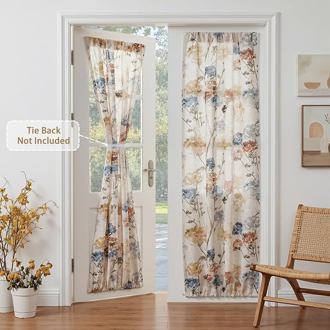 MYSKY HOME Floral Linen French Door Curtains 72 inch Long 2 Panels for Front Door - Light Filtering Privacy Semi Sheer Window Curtains with Rod Pocket, Yellow, 24" W x 72" L