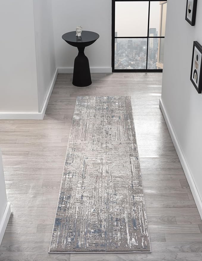 Amy Modern Abstract Runner Rug for Kitchen, 2x7 Contemporary Textured Geometric Blue Runner, High-Low Pile Stain Resistant Carpet for Bedroom, Hallway or Entryway (2' x 7', Blue)