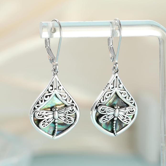Sterling Silver Abalone Shell Filigree Dangle Drop Earrings Bohemia Jewelry Gift for Women Mother Mom
