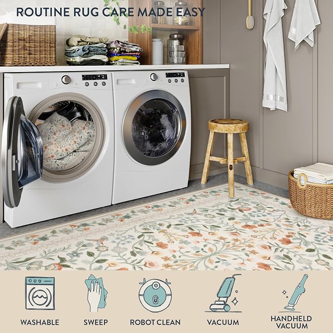 Lahome Floral Washable Area Rug 5x7, Vintage Non Slip Carpet for Living Room Bedroom, Low-Pile Soft Boho Rug for Kids Room Nursery, Machine Washable Home Decor, Beige