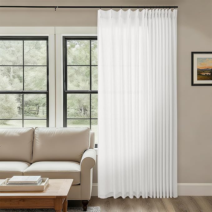 Ivory Linen Sheer Pleated Curtains 84 Inches Long 100 Inch Wide | Light Filtering Semi Sheer, Cream Drapes, for Living Dining Room Patio Sliding Door, Boho, Extra Wide, 100 x 84 Curtain