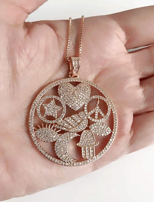 SIFRIMANIA Large Symbol Charm Necklace 18K Rose Gold Plated 18–20 Inch Adjustable Box Chain Round CZ Statement Pendant