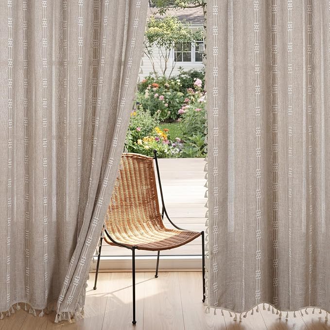 ColorBird Boho Curtains Linen-Textured for Living Room Bedroom Light Filtering 84 Inches Natural Brown Farmhouse Curtains & Drapes Embroidered Striped for Dining Closet Dooraway Window Treatment