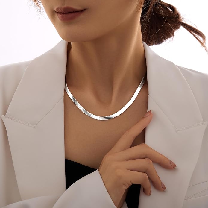 WomenGifts 14K Gold Silver Plated Herringbone Necklace for Women, Dainty Snake Chain Choker, Trendy Simple Long Layered Jewelry Non Tarnish, 3/4/5/8mm,14,16,18,20,22,24,26 Inch Thin & Chunky Options