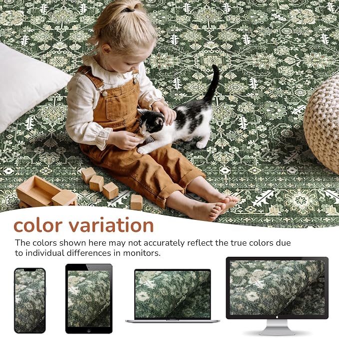 OPPODREAM Low-Pile Area Rugs, Faux Wool Carpet for Living Room, Kitchen, Office, Dorm, Bedroom, Vintage Washable Rug Non Slip, Dark Green, 6'x9'