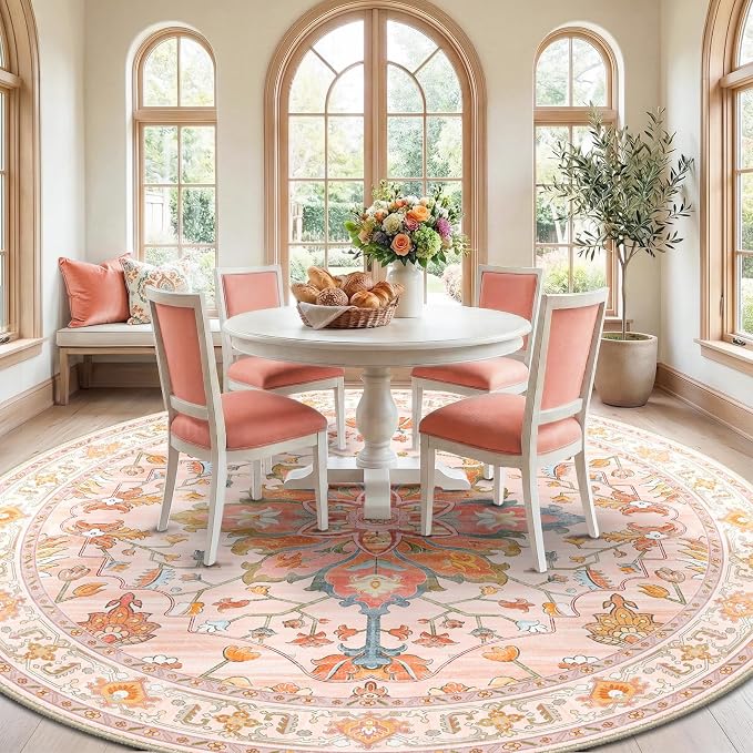 RELEANY Area Rugs Round 10ft Washable Non-Slip, Floral Vintage Distress Medallion Carpet for Living Room Bedroom Dining Room, Light Pink Colorful