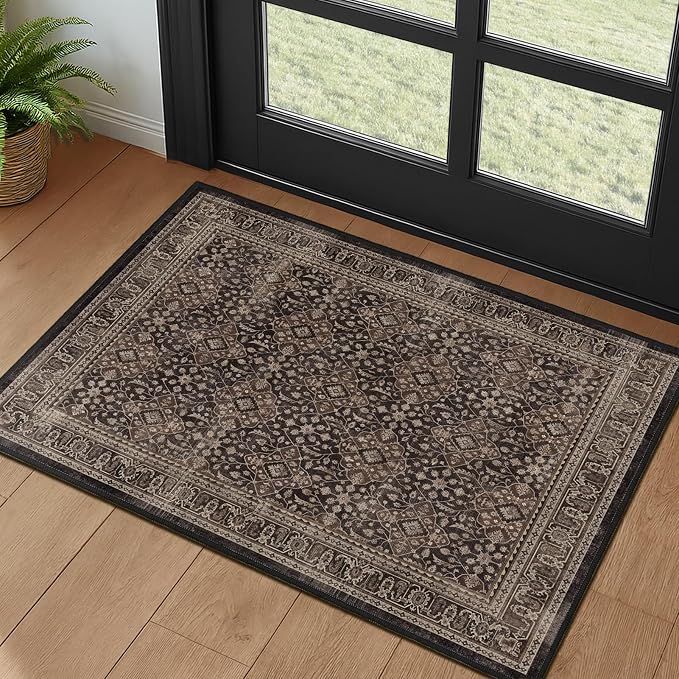 2x3 Washable Entryway Rug, Non Slip Thin Door Mat Indoor Entrance, Vintage Small Rugs for Bathroom/Kitchen/Bedroom, Moroccan Floral Trellis Entry Rugs for Inside House, Dark Wood Brown Black