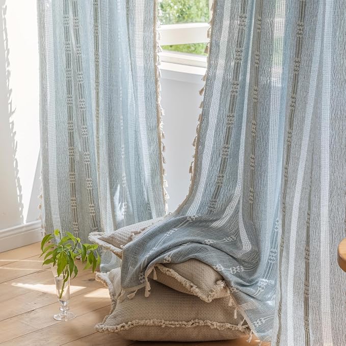 ColorBird Boho Blue Curtains Linen-Textured 84 Inches for Living Room Bedroom Light Filtering Farmhouse Curtains & Drapes Embroidered Striped Window Treatment for Nursery Closet Dining Room