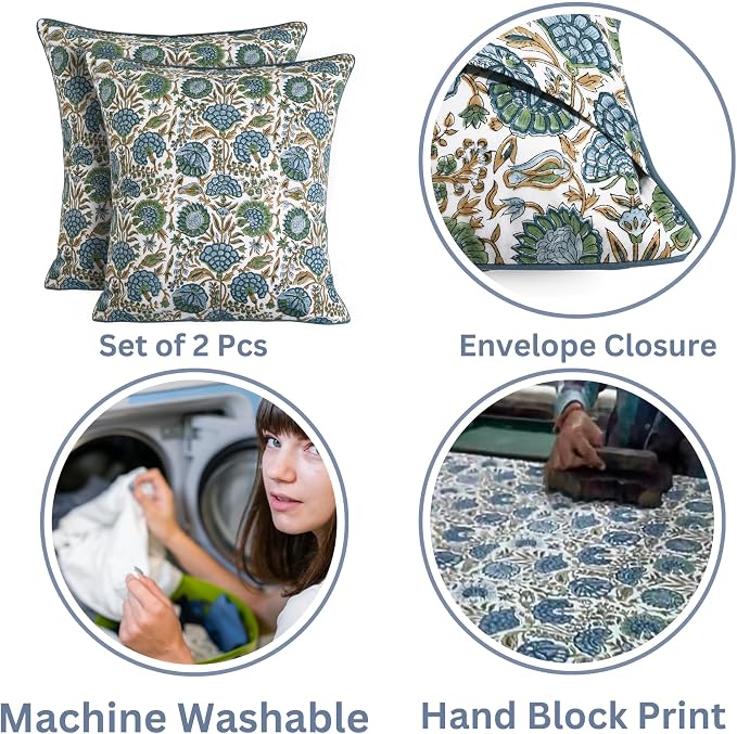 Ridhi Block Print Asparagus Green Pillow Cover 20" x 20" (Pack of 2) Decorative Couch Pillows for Living Room, Farmhouse Chic Boho Cute Outdoor Pillows Covers Gifts for Spring, Mother's Day