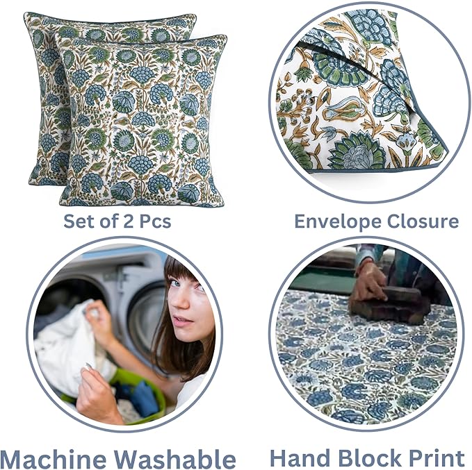 Ridhi Block Print Asparagus Green Pillow Cover 24" x 24" (Pack of 2) Decorative Couch Pillows for Living Room, Farmhouse Chic Boho Cute Outdoor Pillows Covers Gifts for Spring, Mother's Day