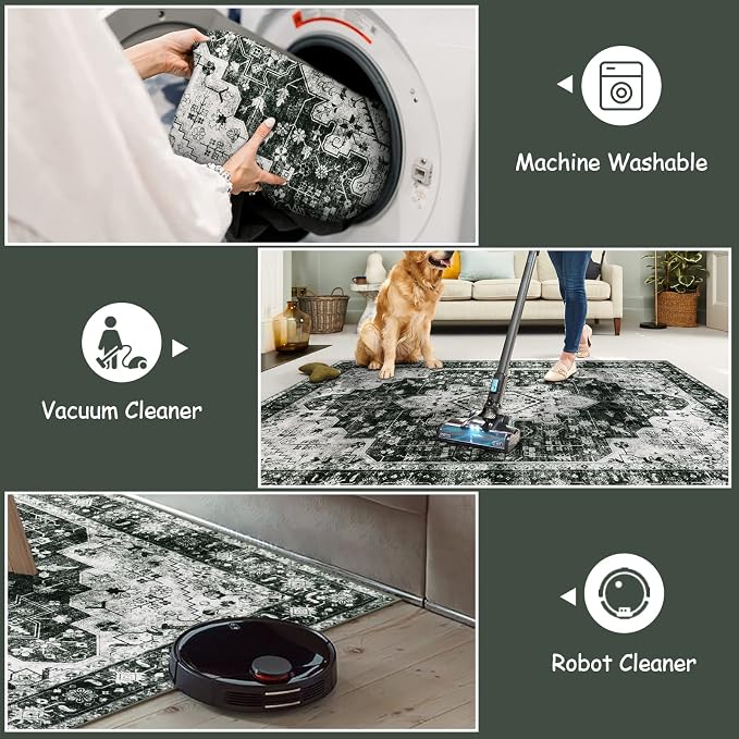 Moynesa Washable Black and White Runner Rug - 2x6 Bathroom Runner with Rubber Backing, Hallway Boho Non-Slip Non-Shedding Low Pile Accent Carpet for Laundry Room Entryway
