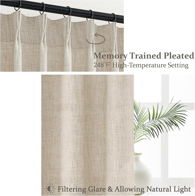 Living Room Semi Sheer Curtains 90 Inches Long 2 Panels Set, Natural Thick Linen Pinch Pleated Curtains Taupe Country Rustic Light Filtering Drape with Hooks Ceiling Track for 88inch Window W40 xL90