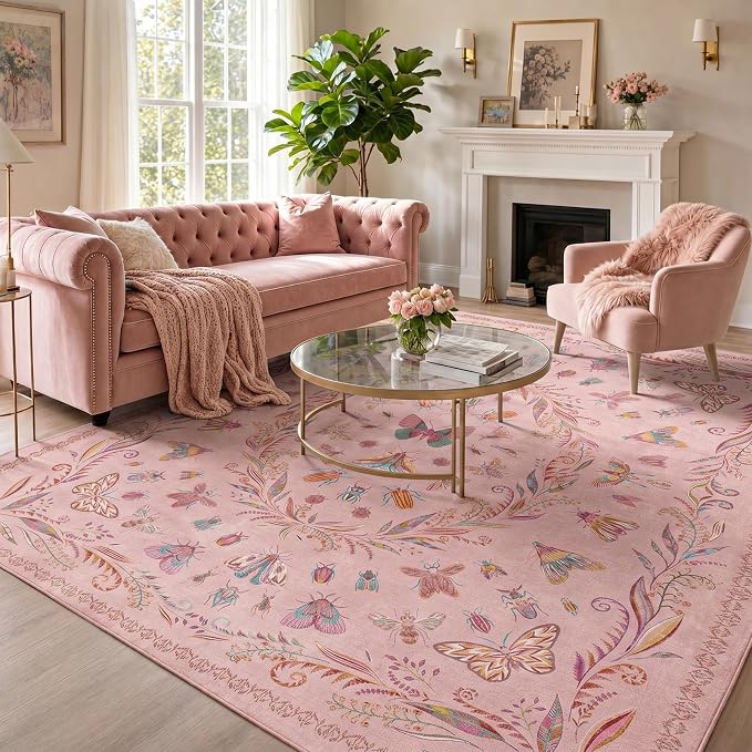 Lunasun Butterfly Area Rugs 5x7 for Baby Nursery, Cute Pink Rugs for Bedroom Girls, Living Room, Kids Room Playroom Reading Corner, Washable Ultra Soft Stain Resistant Floral Floor Decor