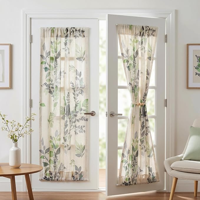 MYSKY HOME Floral Linen French Door Curtains 72 inch Long 2 Panels for Front Door Light Filtering Privacy Semi Sheer Window Curtains with Rod Pocket, Green, 24" W Each Panel