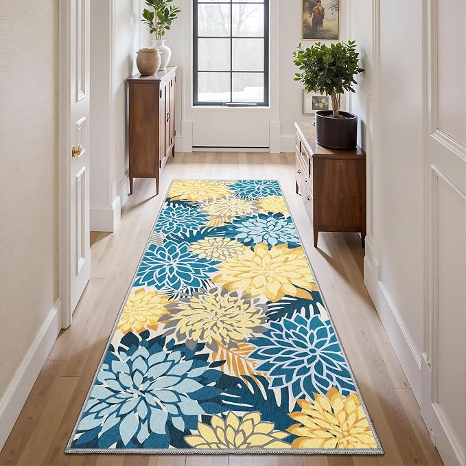 Colorful 2x6 Washable Runner Rug for Hallway Tropical Botanical Modern Floral Chenille Kitchen Rugs Low Pile Non Slip Carpet for Patio, Bedroom, Laundry, Ocean Dahlia