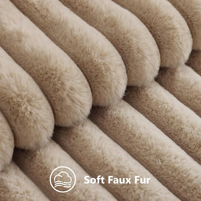 decorUhome Fall Faux Fur Throw Pillow Covers 26x26 Set of 2 Khaki Brown | Decorative Soft Cozy Striped Plush Modern Farmhouse Boho Couch Pillow Cases Velvet Back for Sofa Bed Living Room Home Decor