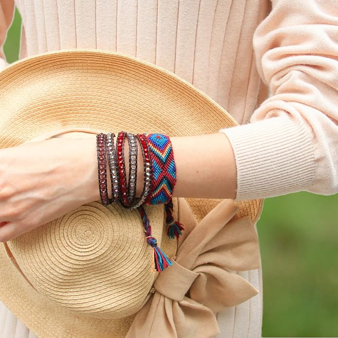 KELITCH Pearl Crystal Beads Bracelets Handmade Natural Leather 5 Wrap Bracelet for Women Classic Bangle Jewelry