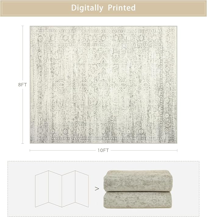 Srugn Washable Rugs 8x10 Area Rugs for Living Room,Bedroom,Dining Room- Large Ultra Soft Faux Wool Retro Carpets,Non Slip&Non-Shedding Low Pile Vintage Print Rug for Home Office Decor-Beige