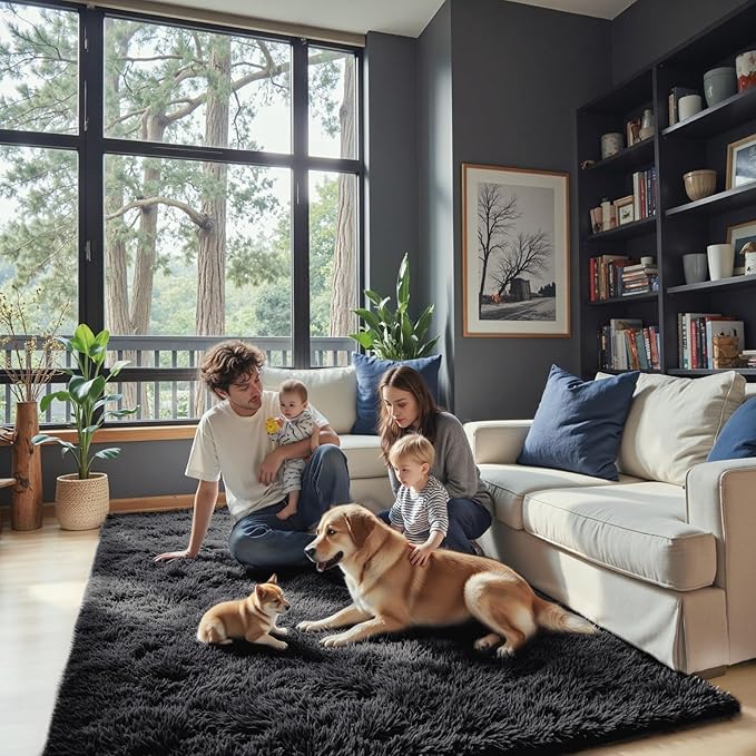 Fluffy Rug Shag Area Rug,Black 3x5 Area Rugs for Bedroom | Non-Slip Small Soft Bedside Rug for Entryway,Living Room and Home Office