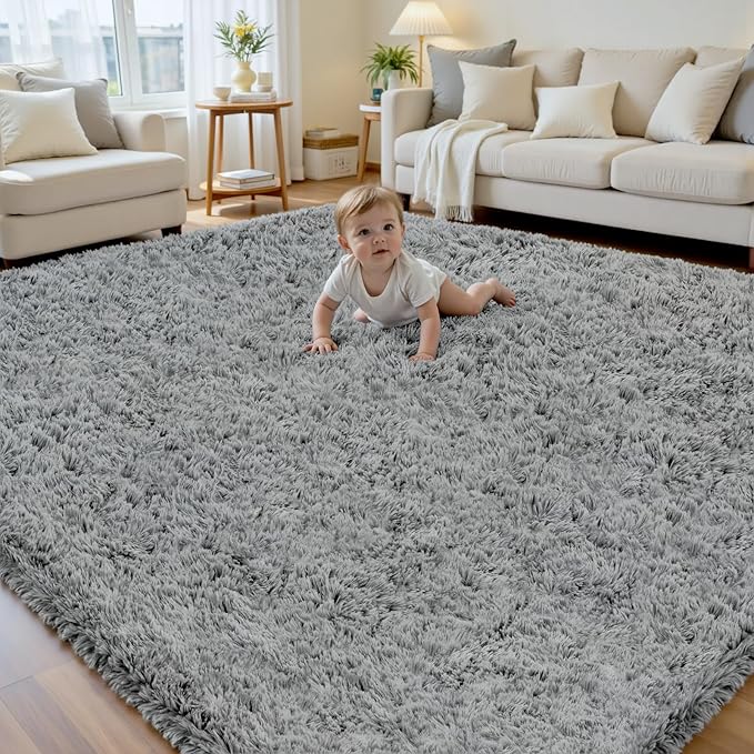8x10 Area Rug for Living Room, Ultra Soft Fluffy Shag Rugs for Bedroom, Non-Slip Large Fuzzy Plush Rug Indoor Floor Carpet for Nursery Kids Office Dorm Modern Decor, Light Gray