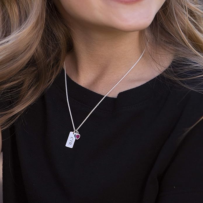 Cherished Moments Girl's .925 Sterling Silver CTR Bar Necklace with Simulated Birthstone Heart Charm