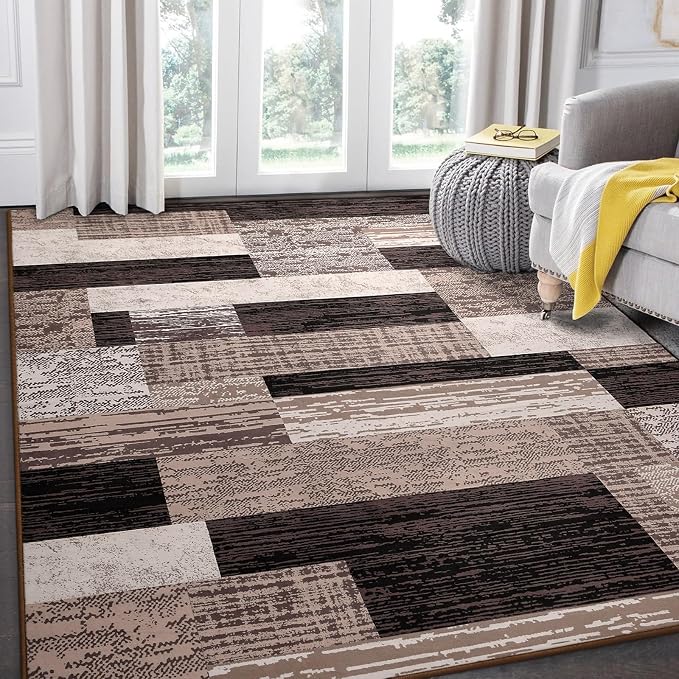 FlyDOIT Modern Geometric Patchwork Area Rug, 4x6 Chocolate Large Rugs for Living Room, Rockwood Collection Indoor Rugs for Bedroom, Throw Carpet Floor Decor for Entryway Dining Room Office Nursery