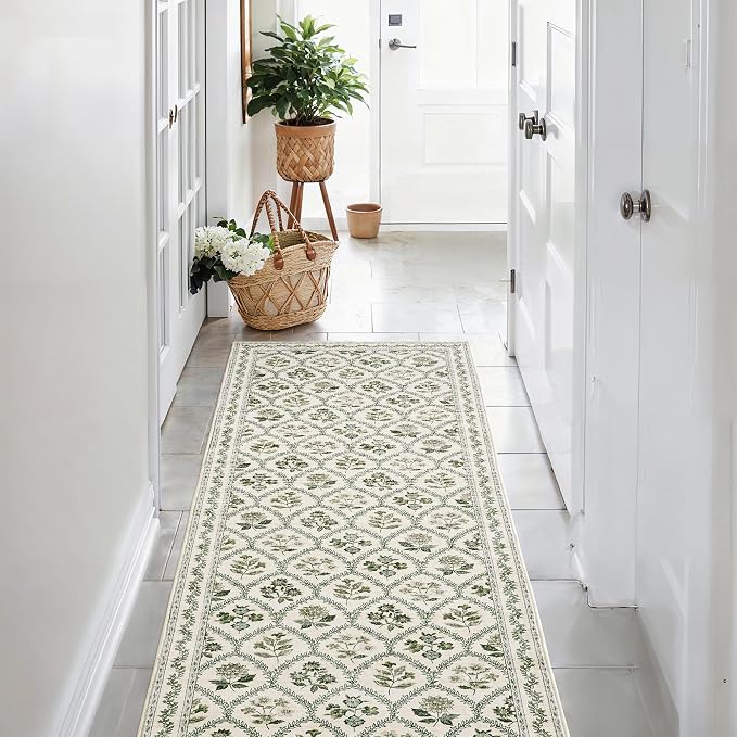 Olive Green Runner Rug 2x6 Boho Green Beige Area Rugs for Entryway, Washable, Vintage Farmhouse Bedroom Area Rugs Non Slip Bathroom Long Runner Kitchen Floor Mat Laundry Room Flower