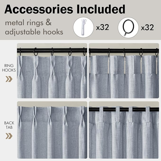 MIULEE 4 Panels Set Pinch Pleated Linen Curtains 102 Inches Long for Living Room Bedroom, Thick Linen Drapes Pleat Back Tab Memory Trained Light Filtering Chambray Blue Window Curtains with Hooks