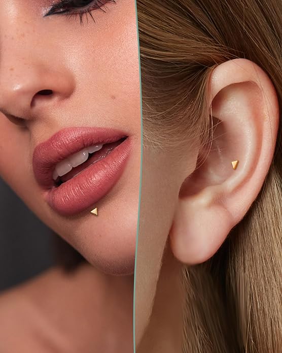 COCHARM 14K Real Gold Helix Tragus Cartilage Piercing Jewelry-Titanium Post-Threadless Tragus Conch Cartilage Earring Stud Flat Back 16g Labret Stud 6mm, 8mm Push Pin Triangle Medusa Jewelry