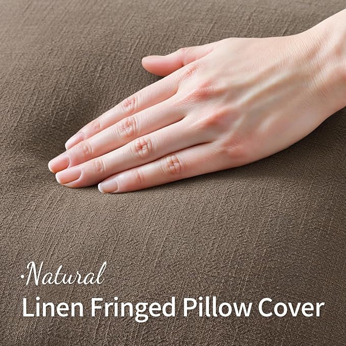 MIULEE Decorative Throw Pillow Covers Neutral Linen Fringe Throw Pillows Set of 2 Cocoa Brown Boho Farmhouse Cushion Covers for Couch Sofa Bed Living Room Fall Home Decor 16x16 Inch