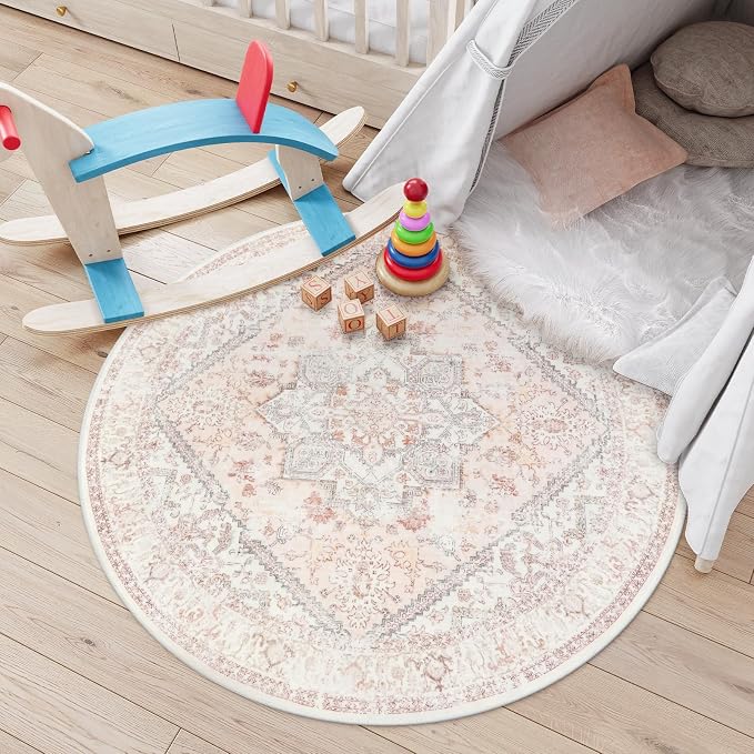 LIVEBOX Pink Vintage Round Rug 4ft Washable Floral Rug | Machine washable floral circle rug with non-slip backing for living room, bedroom, nursery and office, Girl's Room