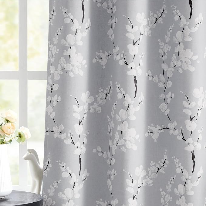 FMFUNCTEX 100% Blackout Grey Floral Curtains, Rod Pocket 18 Inch 1 Panel | Black Out Drapes, Thermal Insulated, Blossom Patterned Short Panel for Kitchen Curtains, Cafe, Bathroom, Door Glass